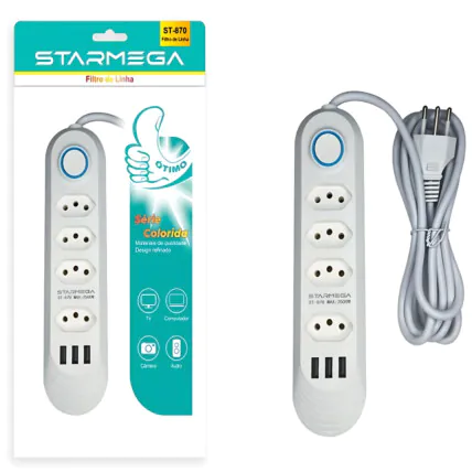Filtro de Linha Extensão 3 USB e 4 Tomadas Com Interruptor ST-870 Fornecedor Atacado Caixa Fechada