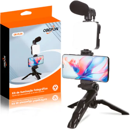 Kit Iluminação com Microfone para Fotos e Vídeo Profissional OBERON - OR-PL04 Fornecedor Atacado Caixa Fechada