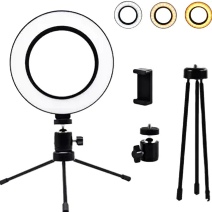 Ring Light 6 Polegadas com Tripé de Mesa Led 3 Cores USB Kapbom - KAP-G005 6'' Fornecedor Atacado Caixa Fechada