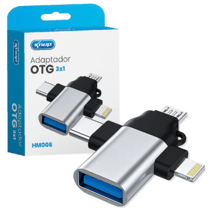 Adaptador OTG USB 3 em 1 V8 Tipo C e Lightning KNUP - KP-HM006 Fornecedor Atacado Caixa Fechada