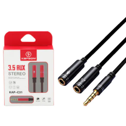 Cabo Adaptador 2 P2 Fêmea para P3 Macho Fone e Microfone Kapbom - KAP-C31 Fornecedor Atacado Caixa Fechada