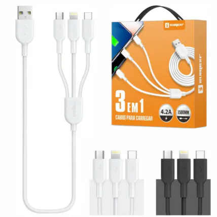 Cabo USB 3 em 1 Para Type C V8 e IOS Com 1.5 Metros Sumexr- SX-B35 Fornecedor Atacado Caixa Fechada