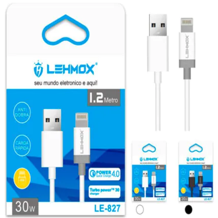 Cabo Lightning Turbo Power 1.2 Metros LEHMOX - LE-827IOS Fornecedor Atacado Caixa Fechada