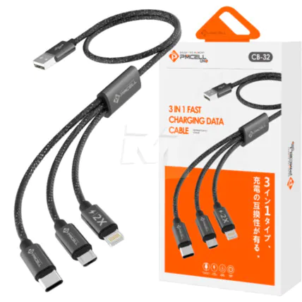 Cabo 3 em 1 Cromo 739 V8 + Lightning + Type C 1 Metro PMCELL - CB-32 Fornecedor Atacado Caixa Fechada