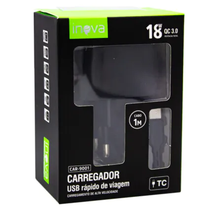 Carregador de Celular Turbo 18W QC 3.0 com Cabo Type C INOVA - CAR-9001 TC Fornecedor Atacado Caixa Fechada