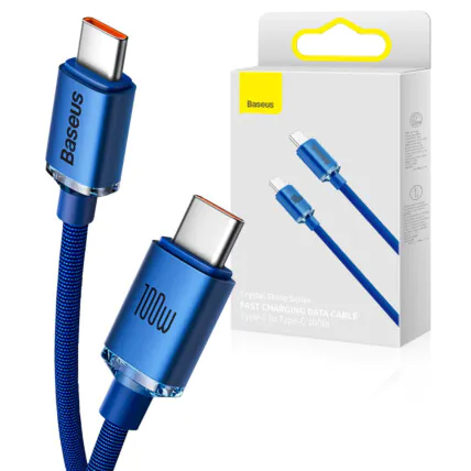 Cabo Tipo C Para Tipo C 100W 1.2M Crystal Shine Fast Charging Azul BASEUS - CAJY000603 Fornecedor Atacado Caixa Fechada
