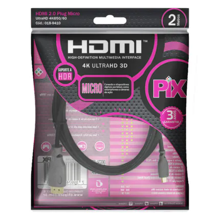 Cabo Micro Hdmi para Hdmi 2.0 4K Hdr 19P 2 Metros Chipsce - 018-9410 Fornecedor Atacado Caixa Fechada