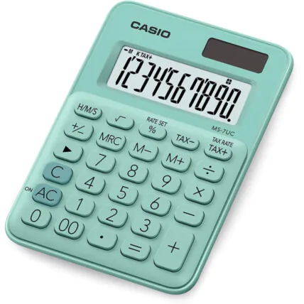 Calculadora CASIO de Mesa Mini 10 Dígitos Verde - MS7-UC VD Fornecedor Atacado Caixa Fechada