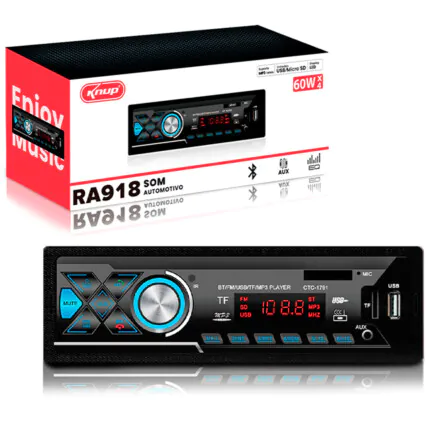 Som Automotivo Bluetooth Usb Aux Rádio AM/FM KNUP - KP-RA918 Fornecedor Atacado Caixa Fechada