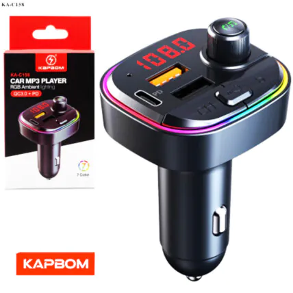Transmissor Veicular FM com Carregador PD Mp3 Usb Pendrive Tomada turbo QC3.0+PD Kapbom - KA-C158 Fornecedor Atacado Caixa Fechada