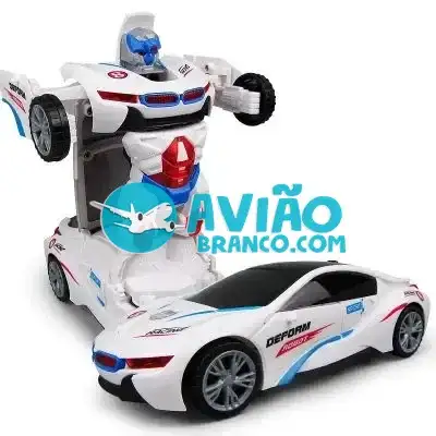 Carro a Pilha Vira Robô Emite Som e Luz Brinquedo Branco Fornecedor Atacado Caixa Fechada
