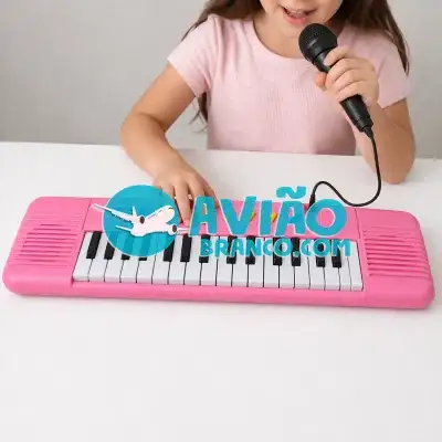 Teclado Musical Infantil com Microfone Karaokê 32 Teclas Rosa Fornecedor Atacado Caixa Fechada