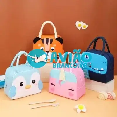 Bolsa Térmica Infantil Lancheira Escolar Marmita C/ Alça Estampas Animais Fofos 3D Fornecedor Atacado Caixa Fechada