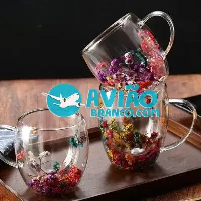 Xícara De Vidro Parede Dupla Com Flor Seca – 350ML Fornecedor Atacado Caixa Fechada
