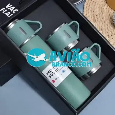 Kit Garrafa Térmica Inox 500ml Com 3 Xícaras Camping Viagem Fornecedor Atacado Caixa Fechada