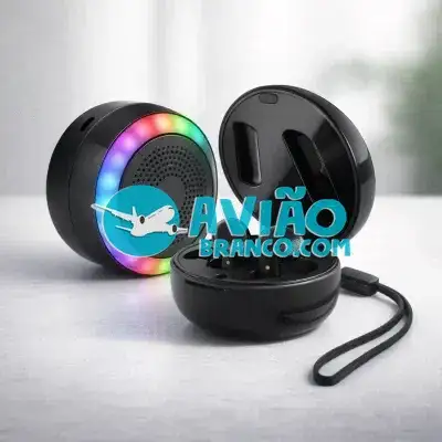 Fone Bluetooth 2 em 1 com Case Caixa de Som LED RGB USB-C Fornecedor Atacado Caixa Fechada