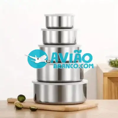 Conjunto de Tigelas Potes de Inox com Tampa – 5 peças Fornecedor Atacado Caixa Fechada