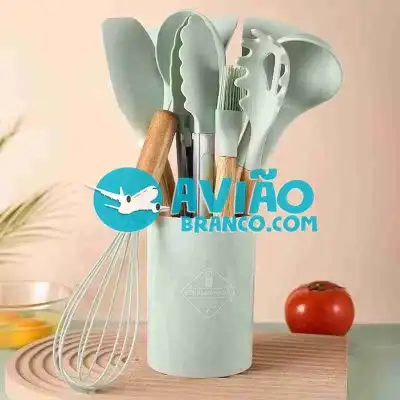 Kit C/12 Utensílios De Cozinha Silicone Cabo Madeira Fornecedor Atacado Caixa Fechada