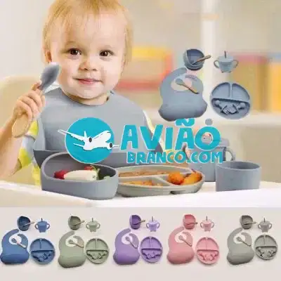 Kit Refeição Bebê Em Silicone – 08 Peças Fornecedor Atacado Caixa Fechada