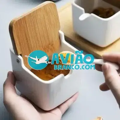 Porta Condimentos Temperos Saleiro Quadrado Em Porcelana Com Tampa De Bambu Fornecedor Atacado Caixa Fechada