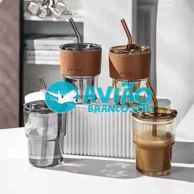 Copo De Vidro Com Canudo Tampa e Vedação 400ML Fornecedor Atacado Caixa Fechada