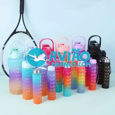 Kit Garrafa Colorida Motivacional Squeeze – 03 Peças Fornecedor Atacado Caixa Fechada