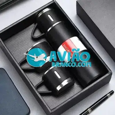 Kit Garrafa Térmica Inox 500ml Com 3 Xícaras Camping Viagem – Preto Fornecedor Atacado Caixa Fechada