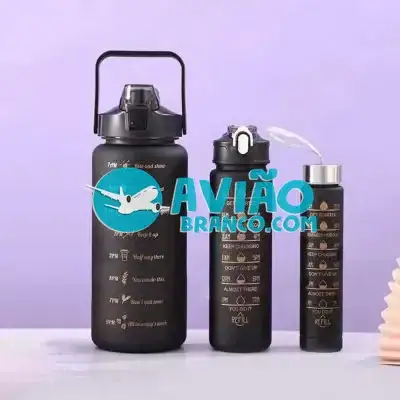 Kit Garrafa Motivacional Squeeze Cor Preto- 03 Peças Fornecedor Atacado Caixa Fechada